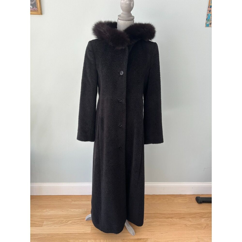 Steve by Searle Long Black Hooded Wool Coat Fur Trim Maxi Winter Elegant sz 10 - Picture 5 of 7